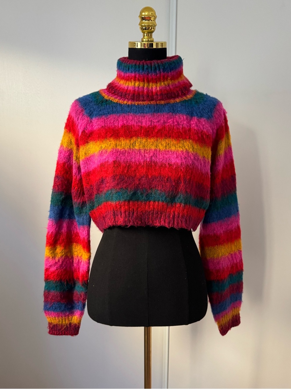 UNIF Fuzzy Multicolor Rainbow Striped Cropped Turtleneck Sweater